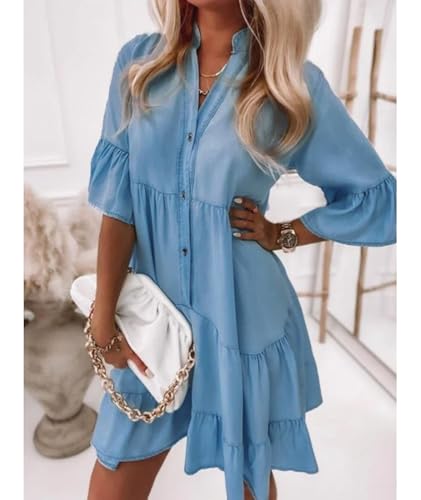 41z5DcwIK-L.jpg Women's Button Down Denim Dress Casual V Neck Ruffle Short Sleeve A Line Swing Babydoll Denim Shirt Tunic Dress