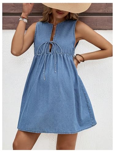 41zCnIwbSL.jpg Women's Maternity Dresses Sleeveless Jean Sundresses Tie Front Flowy Short Denim Dress