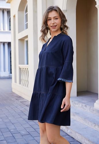 41zDb02f6eL.jpg Women's Denim Dress V Neck Tiered Jean Dress Flowy Babydoll Dresses