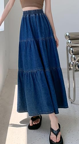 41zW7HWTVFL.jpg Women's Spring High Elastic Waist Tiered Denim Skirt Summer A-Line Maxi Long Jean Skirt