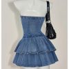 41zXT0rWuSL.jpg Women's Layered Ruffle Strapless Mini Denim Dress Sleeveless A Line Tube Dresses