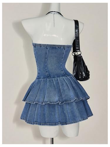 41zXT0rWuSL.jpg Women's Layered Ruffle Strapless Mini Denim Dress Sleeveless A Line Tube Dresses