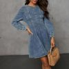 41zs1AQx-qL.jpg Women's Denim Dress Long Sleeve Crewneck A Line Swing Ruffle Casual Mini Babydoll Jean Dresses