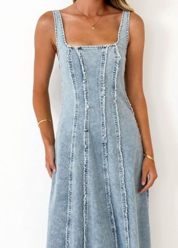41ztb5YIfL.jpg Jean Dress for Women 2025 Vintage Sleeveless Slim High Waist Frayed Raw Long Maxi Denim Dresses