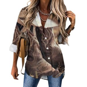 Western Vintage Denim Style Womens Button Down Shirts Long Sleeve Dress Shirts Casual Blouses Irregular Hem Tops