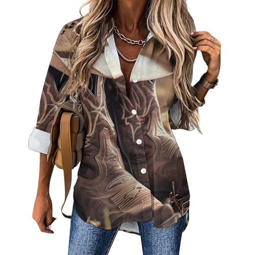 Western Vintage Denim Style Womens Button Down Shirts Long Sleeve Dress Shirts Casual Blouses Irregular Hem Tops