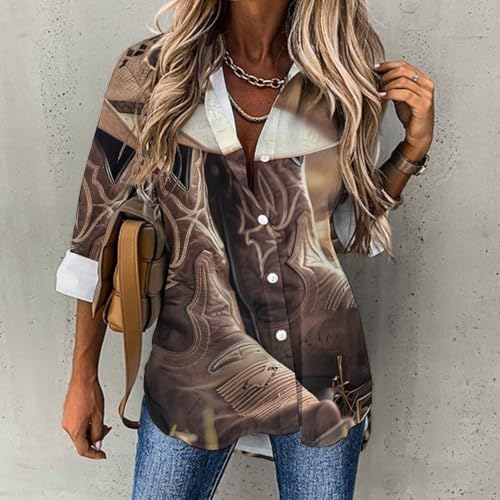 Western Vintage Denim Style Womens Button Down Shirts Long Sleeve Dress Shirts Casual Blouses Irregular Hem Tops