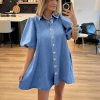 511nndtu3oL.jpg Denim Dress for Women, Puff Short Sleeve Jean Dress Mini Denim Romper with Pockets