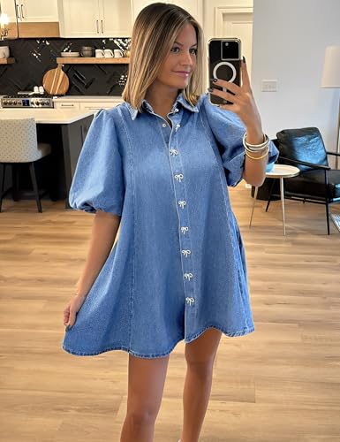 511nndtu3oL.jpg Denim Dress for Women, Puff Short Sleeve Jean Dress Mini Denim Romper with Pockets