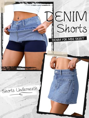 5126ljXFS0L.jpg Jean Skorts for Woman High Waisted Stretchy Denim Skirt with Shorts Mini Skirt with Pockets