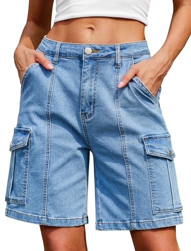 51442T5R4L.jpg Bermuda Cargo Denim Shorts for Women Knee Length 6 Pockets Elastic Waist Long Jorts for Summer Casual