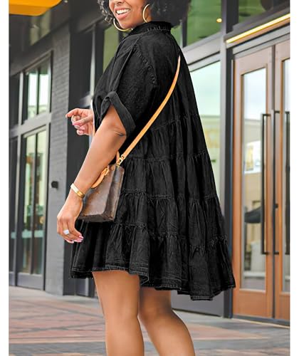 515Wg04ElL.jpg Womens Denim Babydoll Dresses Summer Outfits Button Down Ruffle Tiered Jean Dress