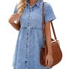 Women's Short Sleeve Button Down Flowy Tiered Babydoll Denim Dress