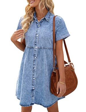 515guQ1PWzL.jpg Women's Short Sleeve Button Down Flowy Tiered Babydoll Denim Dress