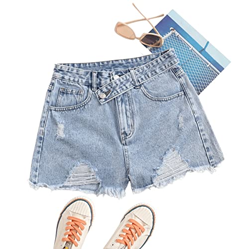 516UVHBzMaL.jpg Women's Casual High Waist Raw Hem Ripped Denim Jean Shorts with Pocket