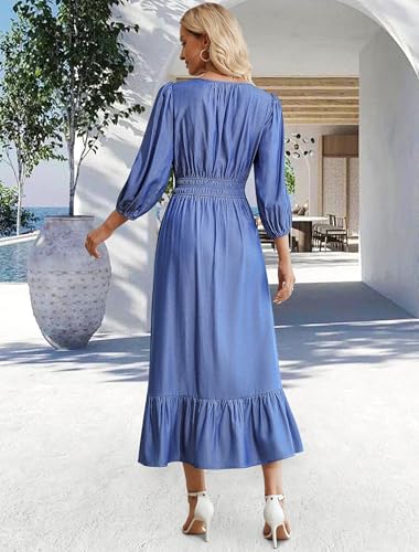 517BoNPg2SL.jpg Women's Maxi Denim Dress with Pockets V Neck Jean Dresses Elbow Sleeve Elastic Waist Tiered Casual Fall Outfits 2025