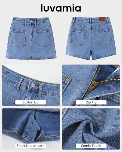 517d1rn0WaL.jpg Jean Skorts for Woman Trendy High Waisted Stretchy Denim Skirt with Shorts Casual Patch Pocket Mini Skort Skirts