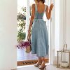 5186Zck5zEL.jpg Women's Summer Casual Button Down Denim Dress Sleeveless Slim Fit Midi A-Line Jean Dress