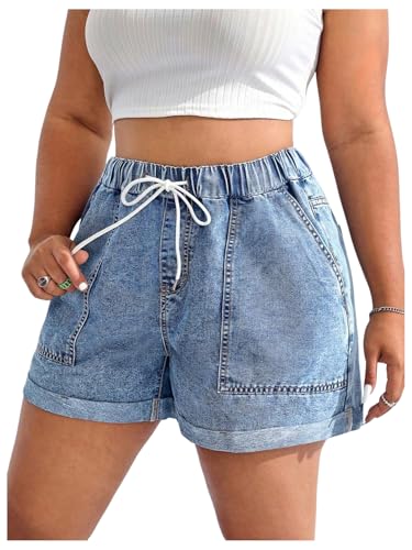 519kVnRGb7L.jpg Women's Plus Size Drawstring Elastic Waist Denim Shorts Straight Leg Casual Summer Short Jeans