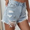 519yIdwVWL.jpg Women's Ripped Raw Hem High Wait Straight Leg Solid Denim Shorts