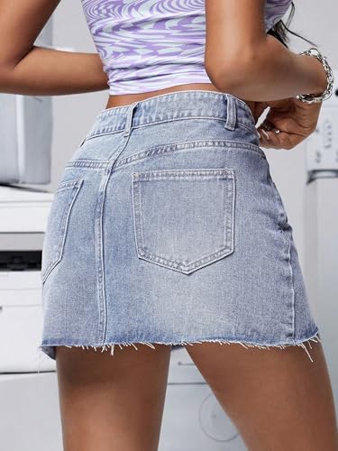 51AMnKNTnrL.jpg Denim Skirt Women Mini Low Waist Stretchy Raw Hem Jean Skirt with Pockets