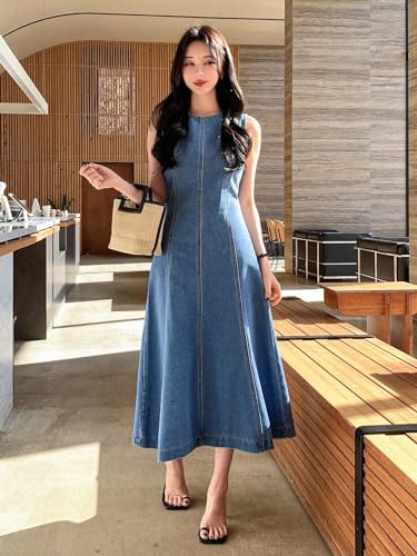 51EOwjYWWL.jpg Women's Summer Casual Sleeveless Dresses Sleeveless Denim Dress With Rounded Neckline