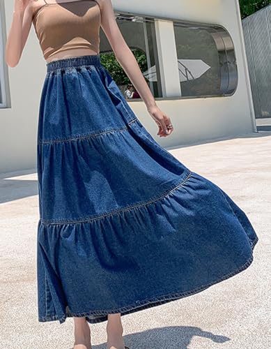 51F98uyXcCL.jpg Women's Spring High Elastic Waist Tiered Denim Skirt Summer A-Line Maxi Long Jean Skirt