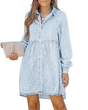 Long Sleeve Denim Dress for Women Jean Dress Button Down Casual Babydoll Denim Shirt Dress