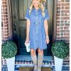 Women's Short Sleeve Button Down Flowy Tiered Babydoll Denim Dress