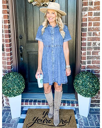 Women's Short Sleeve Button Down Flowy Tiered Babydoll Denim Dress