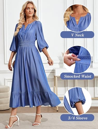51Q1kbFAjL.jpg Women's Maxi Denim Dress with Pockets V Neck Jean Dresses Elbow Sleeve Elastic Waist Tiered Casual Fall Outfits 2025