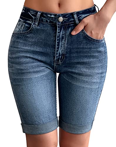 51UfWY0-YeL.jpg Womens Mid Rise Roll Cuff Bermuda Stretch Denim Jean Shorts