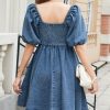 51Wbv3ZzqL.jpg Denim Dress Babydoll Jean Square Neck Puff Sleeve Casual Country Concert Dresses with Pockets for Women 2025