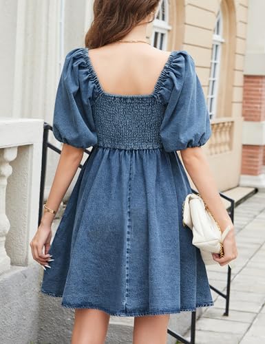 51Wbv3ZzqL.jpg Denim Dress Babydoll Jean Square Neck Puff Sleeve Casual Country Concert Dresses with Pockets for Women 2025