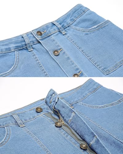 Women's Casual Mid Rise Button Down Frayed Raw Hem Denim Jean Midi Skirt