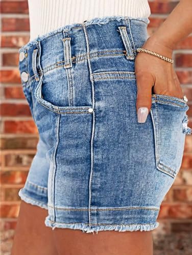 51XoKr3F0gL.jpg Women's Jean Shorts Stretchy Mid Waist Straight Leg Raw Hem Tummy Control Denim Shorts