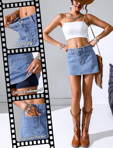 51XwrHkzwL.jpg Jean Skorts for Woman High Waisted Stretchy Denim Skirt with Shorts Mini Skirt with Pockets