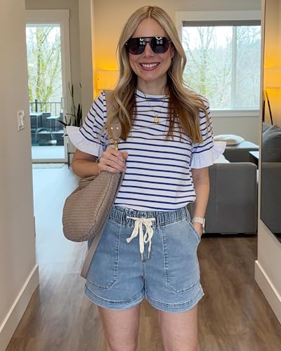 51YHDQmyqKL.jpg Jean Shorts for Women High Waisted Pull On Drawstring Elastic Waist Trendy Stretchy Denim Jorts Summer Shorts