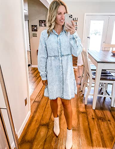 51YKu9cVnDL.jpg Long Sleeve Denim Dress for Women Jean Dress Button Down Casual Babydoll Denim Shirt Dress
