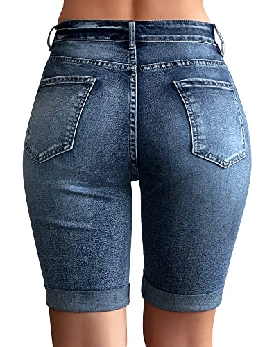 51YYsV3BvHL.jpg Womens Mid Rise Roll Cuff Bermuda Stretch Denim Jean Shorts