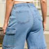 51av7DwqE8L.jpg Bermuda Cargo Denim Shorts for Women Knee Length 6 Pockets Elastic Waist Long Jorts for Summer Casual