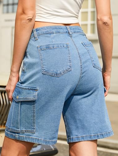 51av7DwqE8L.jpg Bermuda Cargo Denim Shorts for Women Knee Length 6 Pockets Elastic Waist Long Jorts for Summer Casual