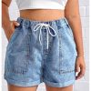 51bWkaEo-L.jpg Women's Plus Size Drawstring Elastic Waist Denim Shorts Straight Leg Casual Summer Short Jeans