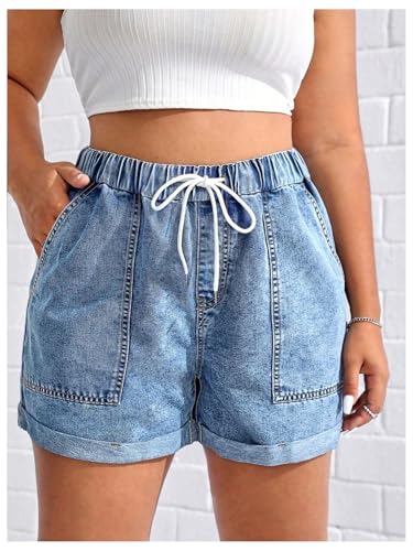 51bWkaEo-L.jpg Women's Plus Size Drawstring Elastic Waist Denim Shorts Straight Leg Casual Summer Short Jeans