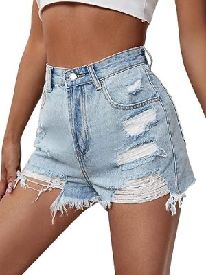 Women's Ripped Raw Hem High Wait Straight Leg Solid Denim Shorts