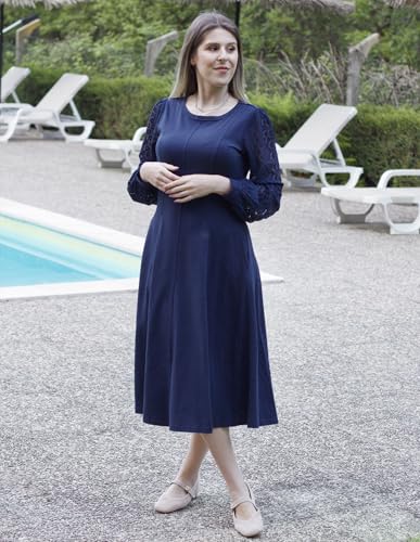 51esmpZocL.jpg Women's 2025 Casual Long Lace Sleeve Dresses, Summer Flowy Crewneck A Line Plain Midi Dress with Pockets