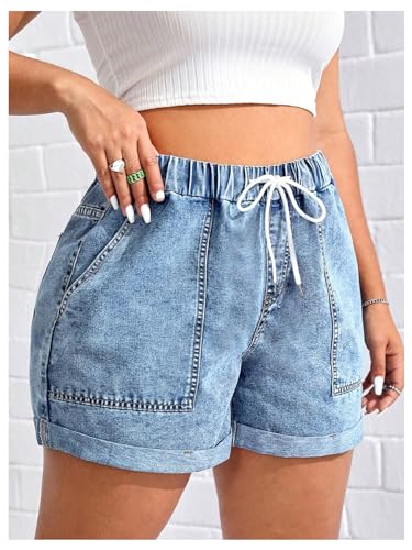51fGeu9uK8L.jpg Women's Plus Size Drawstring Elastic Waist Denim Shorts Straight Leg Casual Summer Short Jeans