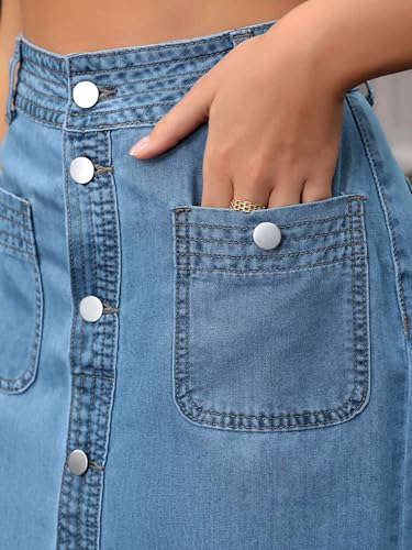 Women's Denim Skirt Button Down Front High Waist Pockets Midi Jean Skirts