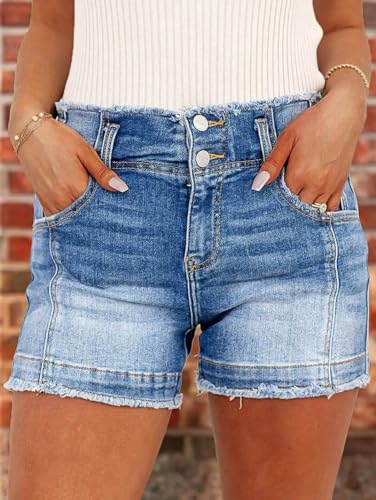 51jnWZSndL.jpg Women's Jean Shorts Stretchy Mid Waist Straight Leg Raw Hem Tummy Control Denim Shorts