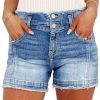 51kLUlgB2L.jpg Women's Jean Shorts Stretchy Mid Waist Straight Leg Raw Hem Tummy Control Denim Shorts